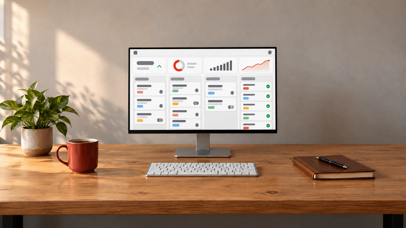 A tidy desk with a coffee mug, a plant and a closed notebook, and a monitor showing a simple task board where most items are checked off.